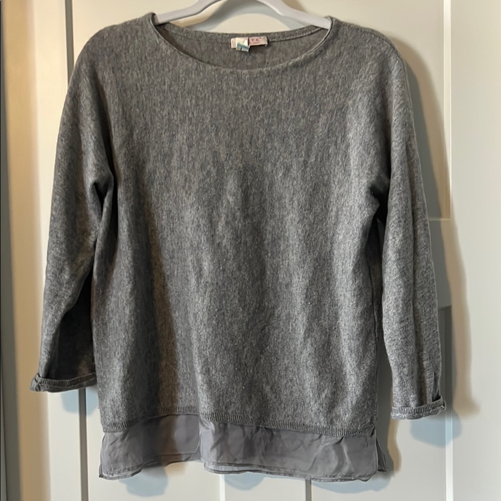 Gray Cashmere Sweater with Sheer Hem